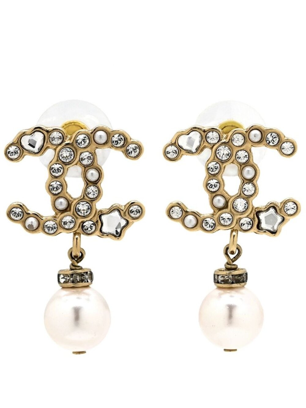 Chanel Earrings CC Logo Swing Rhinestone Metal Faux Pearl White Gold Heart Star